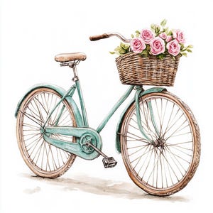12 biciclette d'epoca con cesto di fiori, arte della bicicletta ad acquerello, stampa floreale di bicicletta, decorazione per bici retrò, arte murale ispirata alla natura
