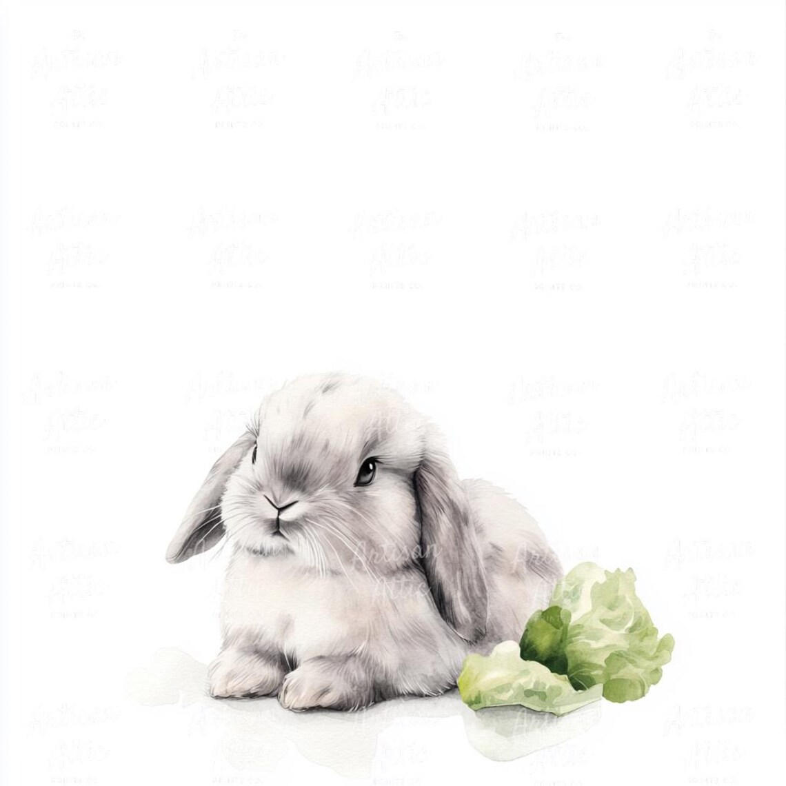 12 Fluffy Bunny Watercolor Clipart, Cute Rabbit With Lettuce, Digital ...