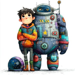 May include: A colorful illustration of a boy and a robot. The boy wears a blue, orange, and green hoodie and gray pants. The robot is primarily blue with yellow and red accents. A space helmet is on the ground.