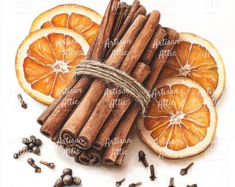 Watercolor Cinnamon Sticks, Orange Slices, Holiday Spices Art (Digital Download, 16 Images)