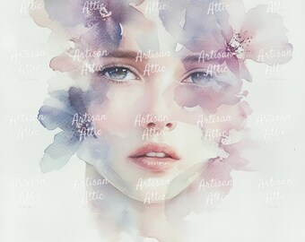 幻想的な水彩画の女性の肖像画 - ピンクと紫の花のクリップアート