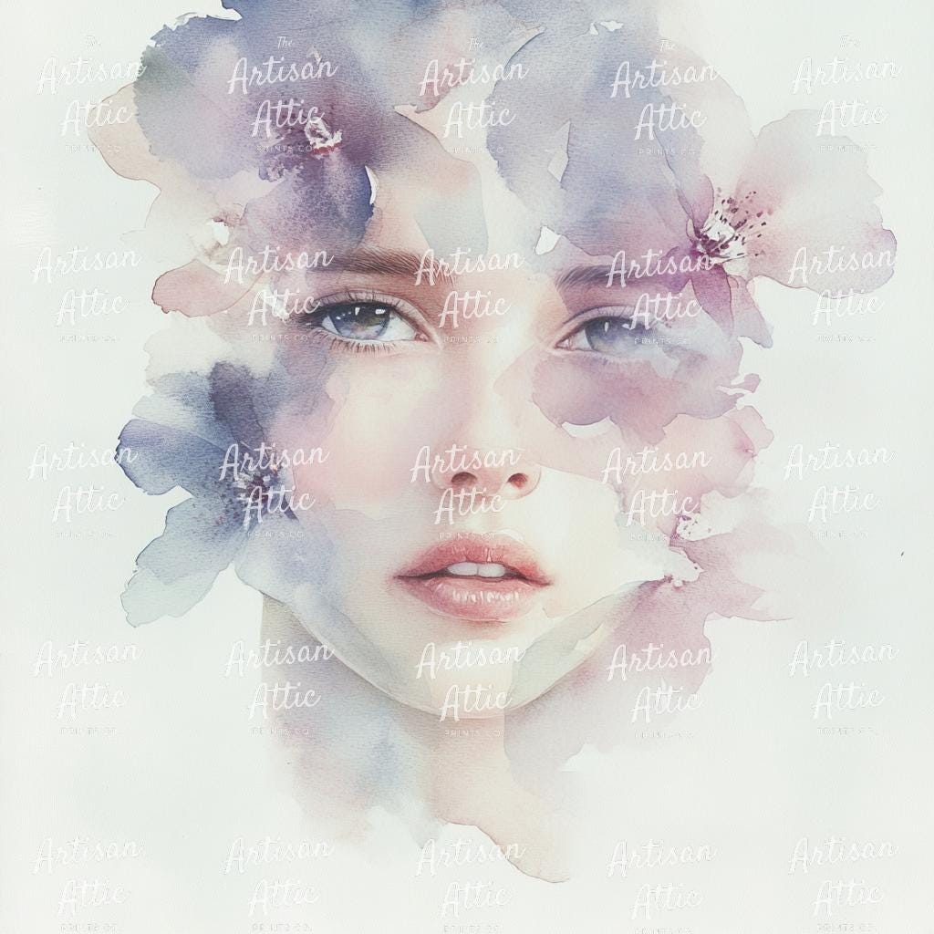 幻想的な水彩画の女性の肖像画 - ピンクと紫の花のクリップアート