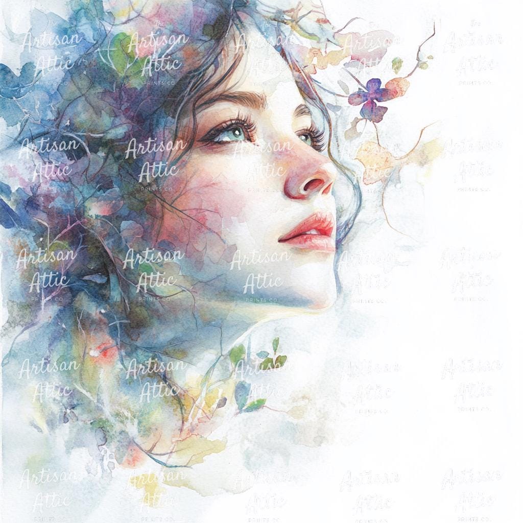 幻想的な水彩画の女性の肖像画 - ピンクと紫の花のクリップアート