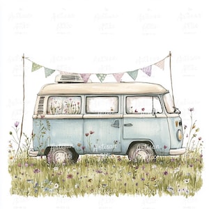 Op de afbeelding: Waterverfillustratie van een lichtblauwe vintage camperbus met een crèmekleurig dak, geparkeerd in een veld met wilde bloemen. Boven de bus hangt een slinger van pastelkleurige vlaggetjes. De ramen zijn gevuld met bloemen.