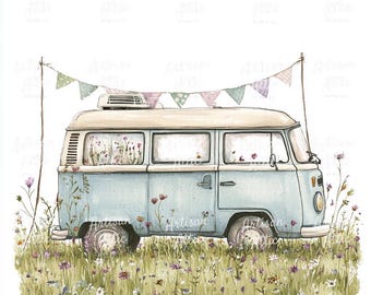 May include: Watercolor illustration of a light blue vintage camper van with a cream-colored roof, parked in a field of wildflowers. The van has a banner of pastel flags strung above it. The windows are filled with flowers.