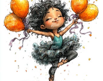 14 Whimsical Ballerina Watercolor Clipart, Girl with Balloons, Birthday Scrapbook (Digital Download)