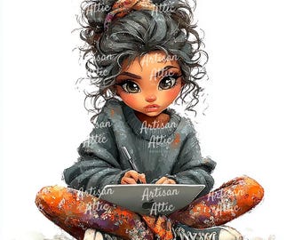 Watercolor Girl Reading Illustration, Cozy Winter Clipart (Digital Download 9 JPGs)