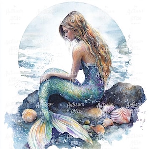 May include: Watercolor painting of a mermaid sitting on a rock near the ocean. The mermaid has long, flowing blonde hair and a shimmering teal and purple tail. Seashells are scattered around the rock, and the background features a soft, blue watercolor wash.