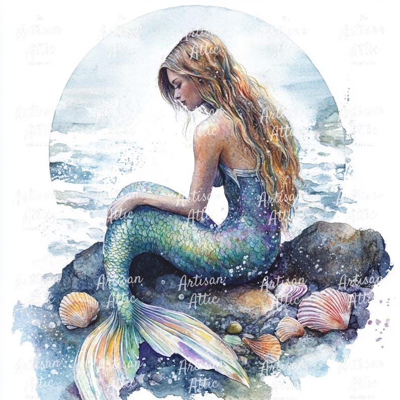 May include: Watercolor painting of a mermaid sitting on a rock near the ocean. The mermaid has long, flowing blonde hair and a shimmering teal and purple tail. Seashells are scattered around the rock, and the background features a soft, blue watercolor wash.