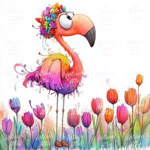 Könnte beinhalten: Eine skurrile Aquarellillustration eines Flamingos mit einem farbenfrohen Blumenkranz und einem langen, gebogenen Schnabel. Der Flamingo, in Rosa-, Lila- und Gelbtönen, steht inmitten eines Feldes aus Tulpen in verschiedenen Farben.