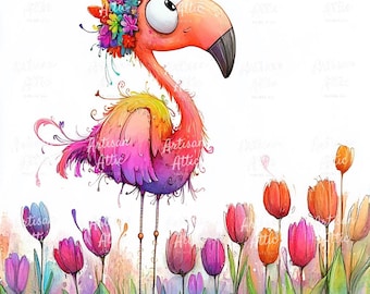 Watercolor Flamingo with Tulips, Flower Crown Clipart (Digital Art, 13 Images)