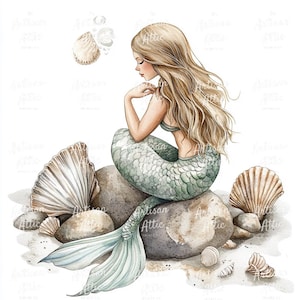May include: Watercolor illustration of a mermaid with long blonde hair, a teal tail, and a teal top, sitting on rocks. Seashells and bubbles surround the mermaid. The artwork has a soft, dreamy aesthetic.