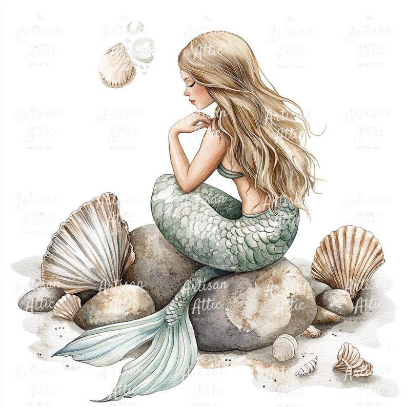 May include: Watercolor illustration of a mermaid with long blonde hair, a teal tail, and a teal top, sitting on rocks. Seashells and bubbles surround the mermaid. The artwork has a soft, dreamy aesthetic.
