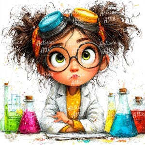 May include: Illustration of a young scientist with large glasses, goggles, and a lab coat. Colorful beakers with various liquids are in the foreground. The image has a whimsical, cartoonish style, with the text "Artisan Attic Prints Co."