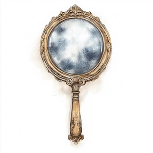 May include: Watercolor illustration of a vintage hand mirror. The mirror has a round, ornate gold frame and a matching handle. The mirror's surface reflects a cloudy, blue-toned image, suggesting a sky or atmospheric effect.