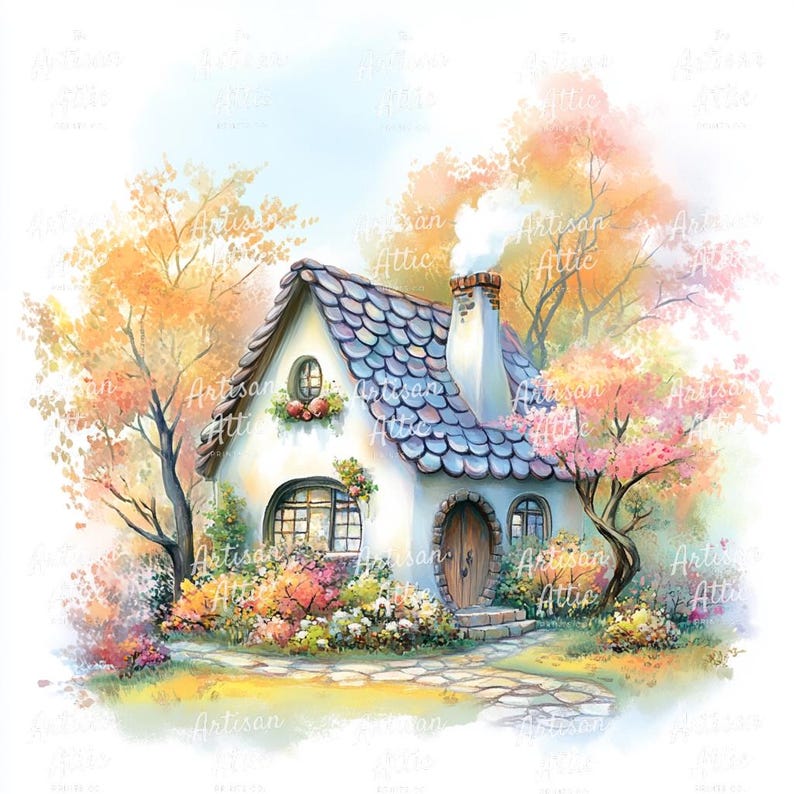 14 Whimsical Woodland Cottage in Autumn Watercolor – Cozy Fantasy House ...