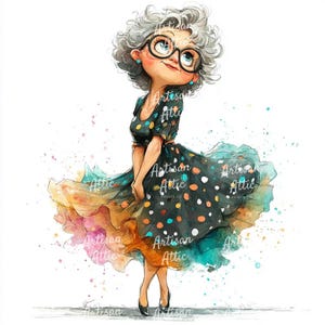 Puede incluir: Ilustración a la acuarela de una mujer con cabello rizado gris, vestida con un vestido negro de lunares y gafas negras grandes. El vestido tiene una falda colorida y en capas. La imagen tiene el texto "Artisan Attic Prints Co."