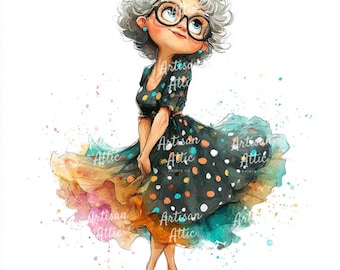 Dancing Grandma Clipart – Watercolor Polka Dot Dress (Digital Download, 12 Images)