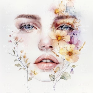 12 Sereen aquarelportret van een vrouw met bloeiende roze bloemen en zacht gesloten ogen voor vrouwelijke plakboekafbeeldingen