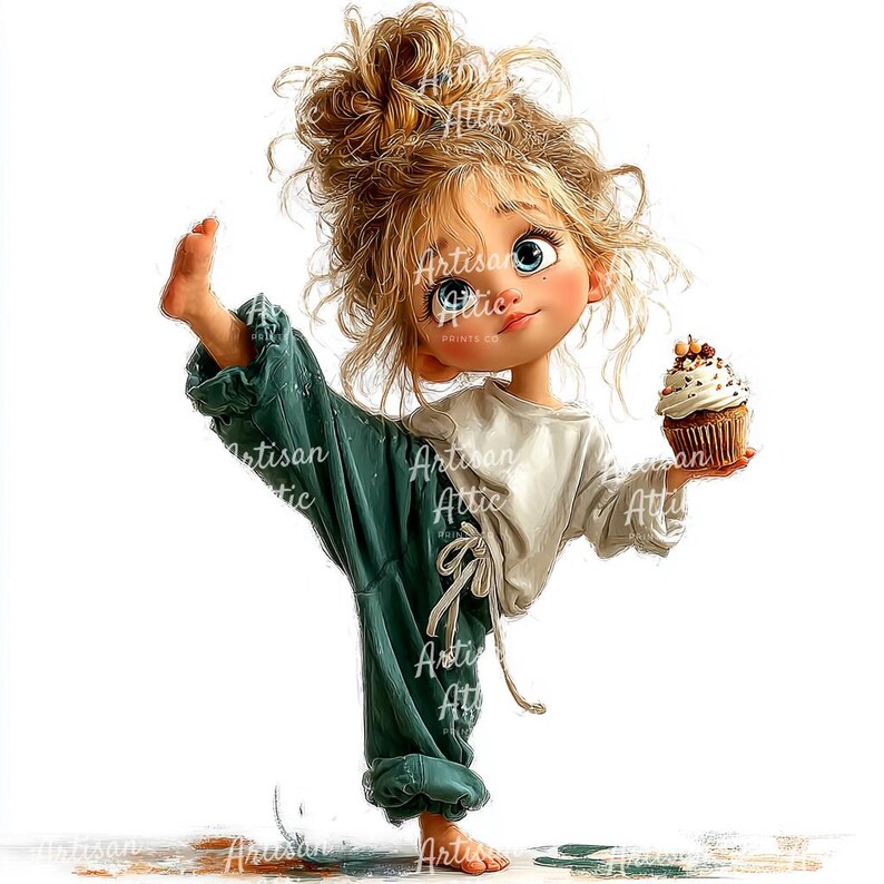 Sprinkle Pose 9 Quirky Watercolor Image of Curly-haired Girl Dancing With Cupcake in ...