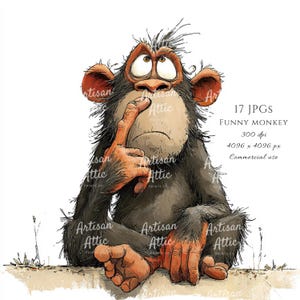 Può includere: Illustrazione di una scimmia pensierosa, con un dito sul naso. La scimmia, con pelliccia scura e mani e orecchie rosso-brunastre, è seduta. L'immagine include il testo "17 JPGs, Funny Monkey, 300 dpi, 4096 x 4096 px, Commercial use."