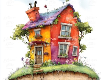 Watercolor Floating Cottage Clipart | Fantasy House JPG (Digital Download, 15 Images)