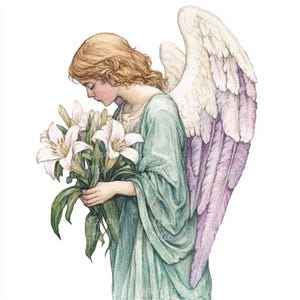 10 aquarel engel met lelies, serene engel kunst, engel met lelies, religieuze engel clipart, elegante engel illustratie