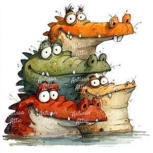 May include: A watercolour illustration depicts four cartoon alligators, one atop the other. The alligators are in orange, green, and tan hues, with exaggerated features and large eyes. The text "Artisan Attic Prints Co" is visible.