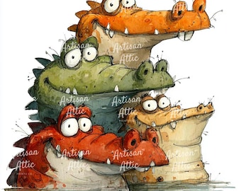 Watercolor Crocodile Clipart, Quirky Reptile Illustration (Digital Download 10 JPGs)
