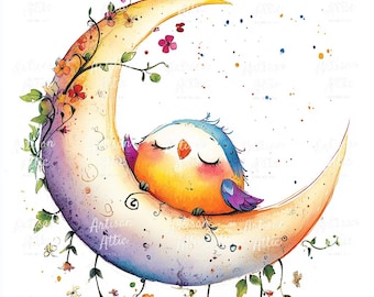 Sleepy Songbird Watercolor Clipart, Crescent Moon Nursery Art (Digital Download, 11 Images)