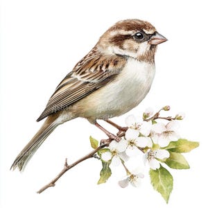 12 Watercolor Sparrow Clipart, Bird on Branch Illustration, Spring Bird Art, Cherry Blossom, Floral Bird Clipart, Instant Download Clipart