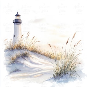 Può includere: Dipinto ad acquerello di un faro bianco con la parte superiore nera, su una duna di sabbia. Alte erbe secche incorniciano la scena, con una morbida luce dorata sullo sfondo. L'opera evoca un tema costiero.