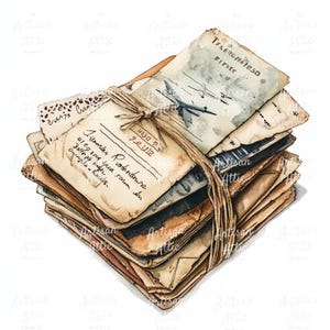Paquete de 10 cartas vintage en acuarela, imágenes prediseñadas para álbumes de recortes y manualidades digitales, imágenes prediseñadas de correspondencia antigua atada con cuerda