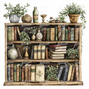 12 Watercolor bookshelf printable art, digital download vintage books & botanicals, library décor wall art for home décor, office décor