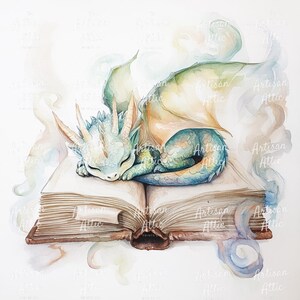 Akvarelltryck av babydrake, sovande i bok (digital nedladdning, 11 bilder) bild 5