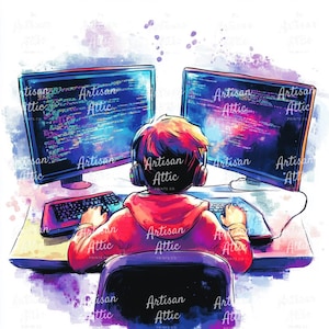 Może przedstawiać: Akwarelowa ilustracja osoby w słuchawkach, siedzącej przy biurku z dwoma monitorami komputera wyświetlającymi kod. Osoba jest widoczna od tyłu, w czerwonej bluzie z kapturem. Obraz ma fioletowo-niebieską kolorystykę.