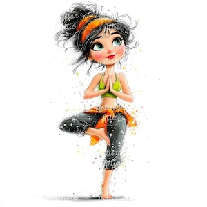 May include: Watercolor illustration of a woman in a yoga pose. She wears a green crop top, black pants with white accents, and an orange headband and shirt tied around her waist. The image has a whimsical, artistic style.