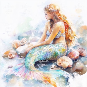 May include: Watercolor painting of a mermaid with long, flowing blonde hair and a shimmering, multi-colored tail. She sits among seashells and rocks, wearing a light blue top. The artwork has a soft, ethereal quality.