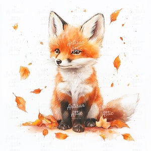 May include: Watercolor illustration of a cute fox with orange and white fur, sitting among autumn leaves. The fox has a fluffy tail and is surrounded by falling leaves in shades of orange and brown. The artwork has a soft, whimsical style.