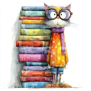 May include: Watercolor illustration of a cat wearing goggles, a purple scarf, and an orange coat, standing next to a stack of colorful books. The books have titles in various colors and fonts. The cat is wearing blue jeans and brown shoes.