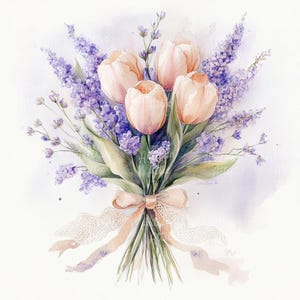 14 ramos primaverales de acuarela de tulipanes y lilas con lazo de encaje, imágenes prediseñadas de flores de primavera, arte floral para Pascua, bodas y manualidades de primavera.