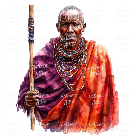 カラフルなビーズのジュエリーと鮮やかなローブをまとい、杖を持った