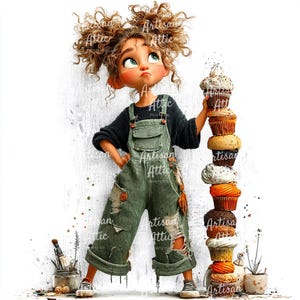 Könnte beinhalten: Illustration einer jungen Person mit lockigem Haar, die grüne Latzhosen und ein schwarzes Hemd trägt und einen Stapel Cupcakes hält. Das Bild hat den Text "Artisan Attic Prints Co."