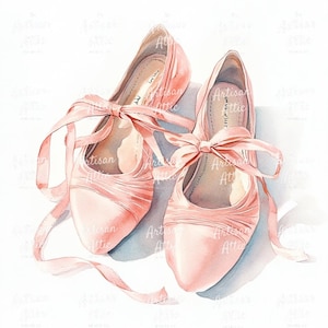 15 chaussons de danse roses délicats attachés avec des rubans de satin | Impression d'art de danse aquarelle artisanale | Décoration de pointes gracieuses | Numérique