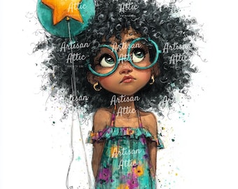 Black Girl Watercolor Clipart – Afro Curly Hair, Star Balloon (JPG, 12 Images)