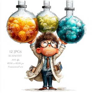 Scientist Illustration, Chemistry Lab Experiment, Kids Room Decor (Digital Download, 12 Images)
