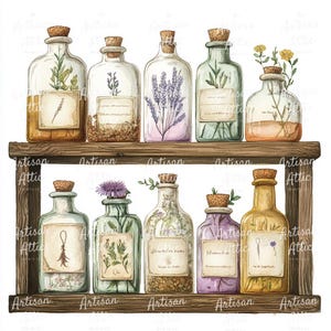 12 Frascos de Boticário Vintage com Flores de Ervas em Aquarela para Projetos de Scrapbook e Artesanato Digital
