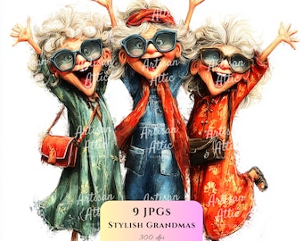 Stylish Grandmas Sunglasses Illustration: Elderly Women Fashion Cartoon Art (Digital Download, 9 Images)