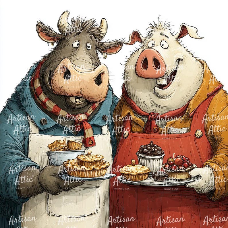 Farm Bakery Clipart: Cow Pig Bakers, Rustic Kitchen Dessert ...