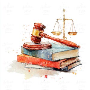 11 Watercolor Gavel Resting on Stacked Law Books Clipart – Legal & Justice Illustration for Courtroom Designs, Lawyer Branding Scrapbook